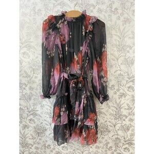 Unsubscribed Silk Ruffle Mini Dress Floral Grey Shadow Long Sleeve Sz 4 NWT